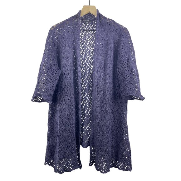 Eileen Fisher Open Knit Open Front Linen Metallic Longline Cardigan Womens Large - Picture 1 of 11